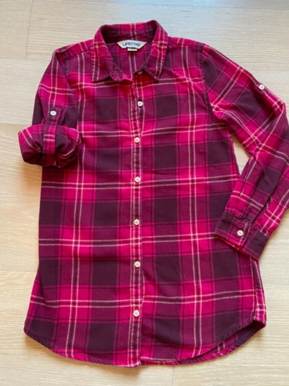 Land's End Pink tartan brushed soft cotton shirt, size: 8 years old